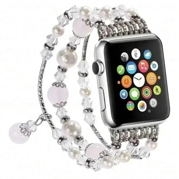 Accessories - Beaded Bracelet Watchband for Apple Watch, silver white theme